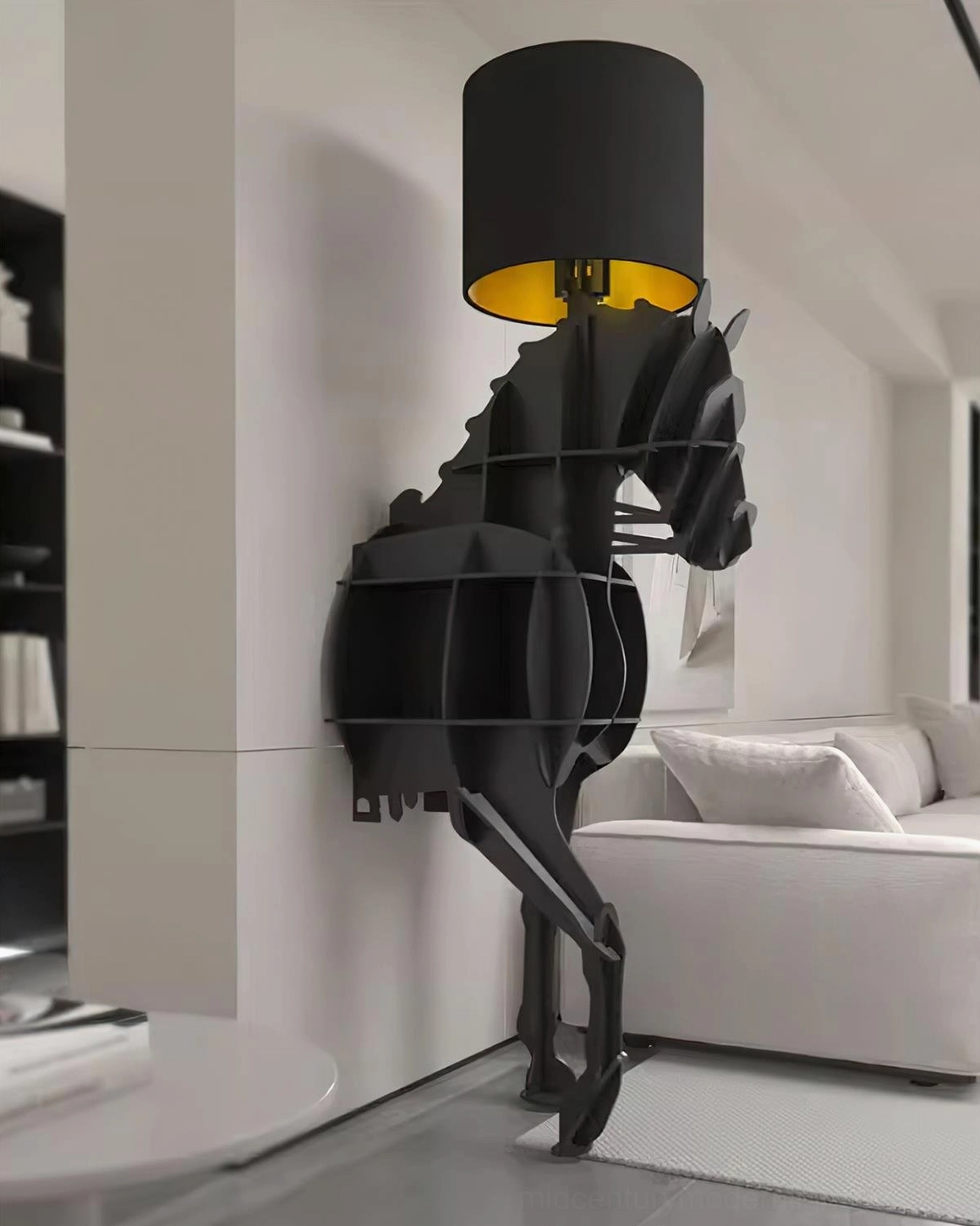 Modern horse floor lamp with fabric shade showing gold inner lining, three-quarter angle in minimalist home setting