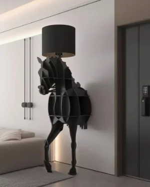 Horse floor lamp with built-in storage shelf in modern home entrance, three-quarter side angle demonstrating sculptural form