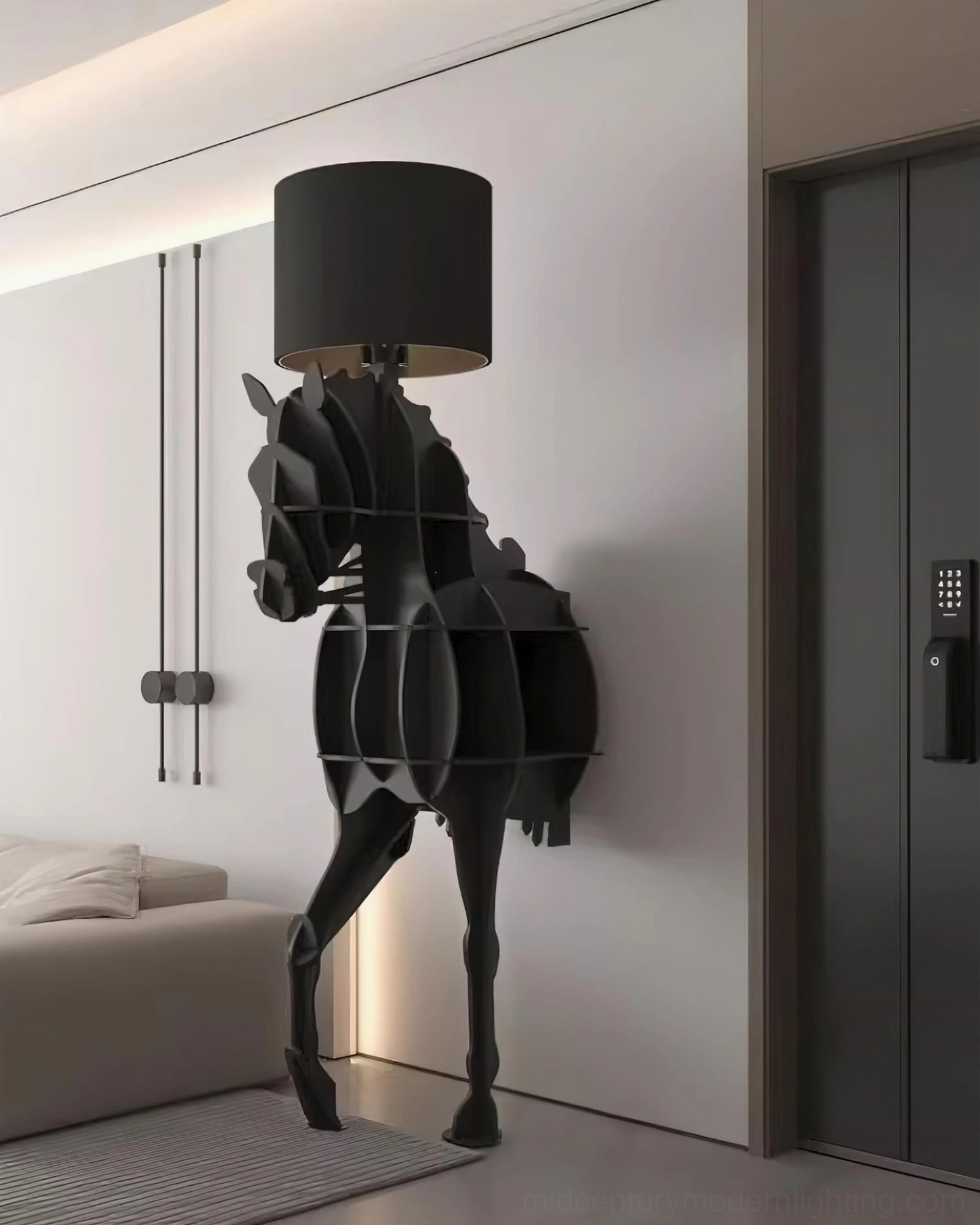 Horse floor lamp with built-in storage shelf in modern home entrance, three-quarter side angle demonstrating sculptural form