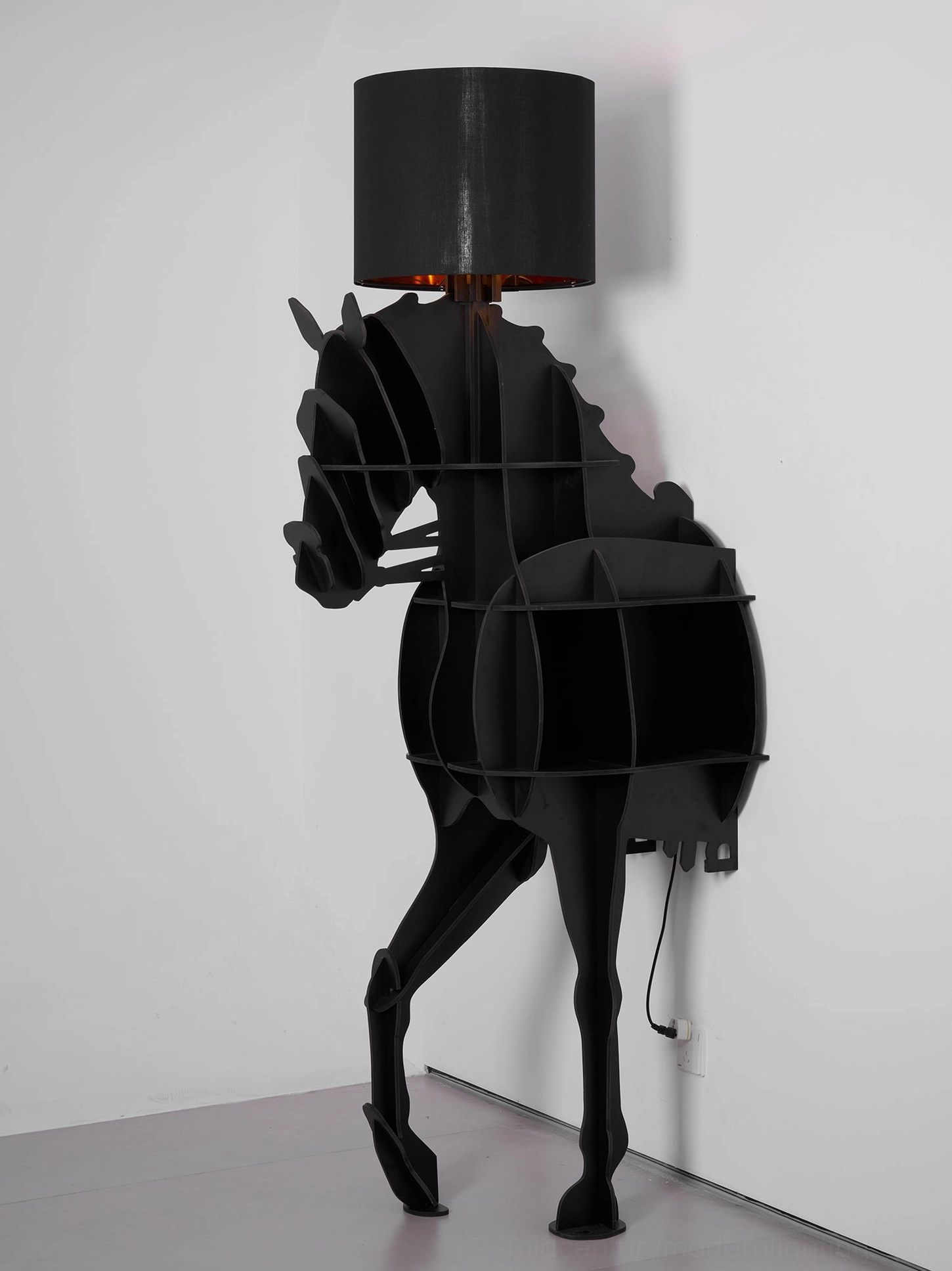 Modern horse floor lamp with integrated storage in minimalist interior, architectural-style photo
