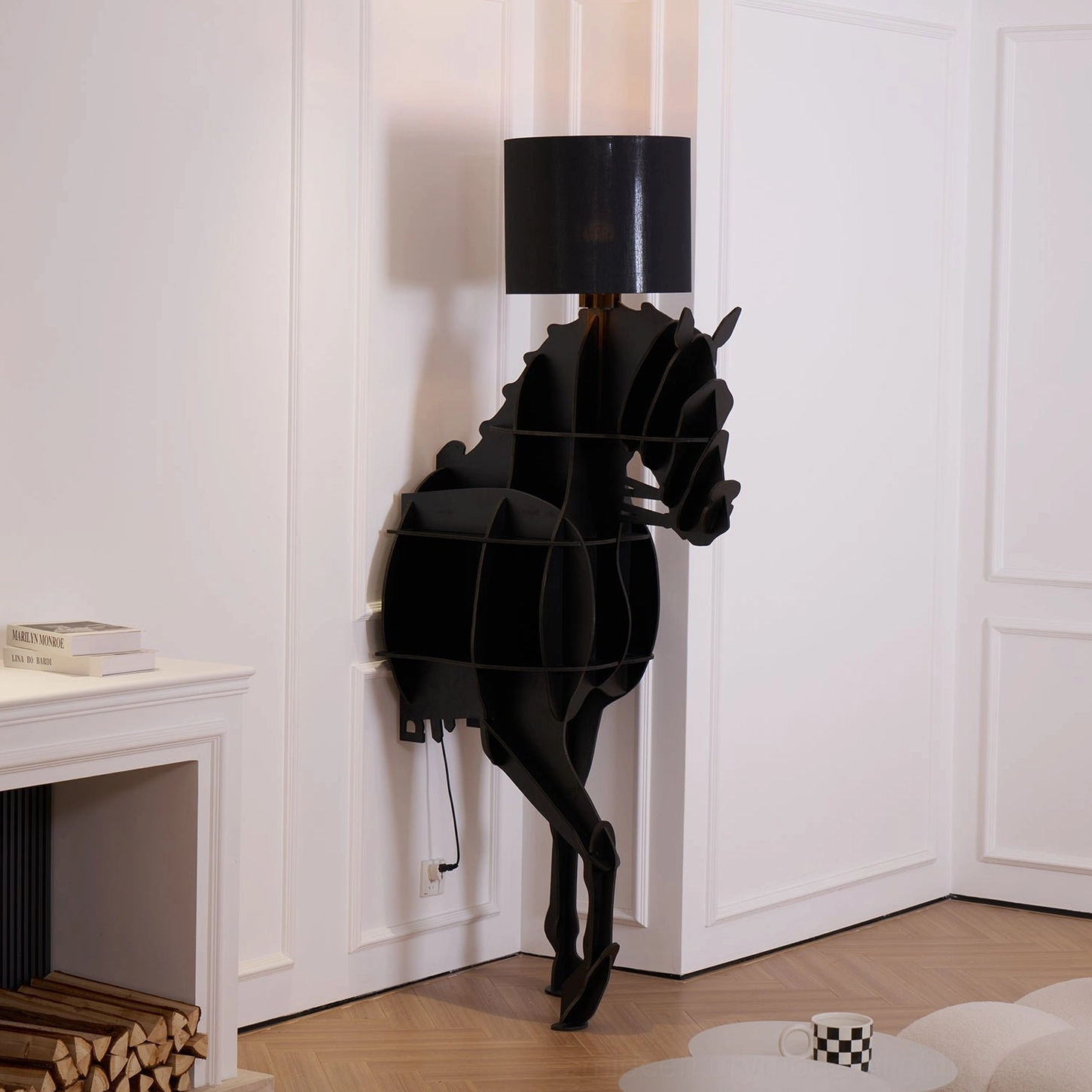 Modern sculptural horse floor lamp in home setting, three-quarter view showing artistic form and lighting