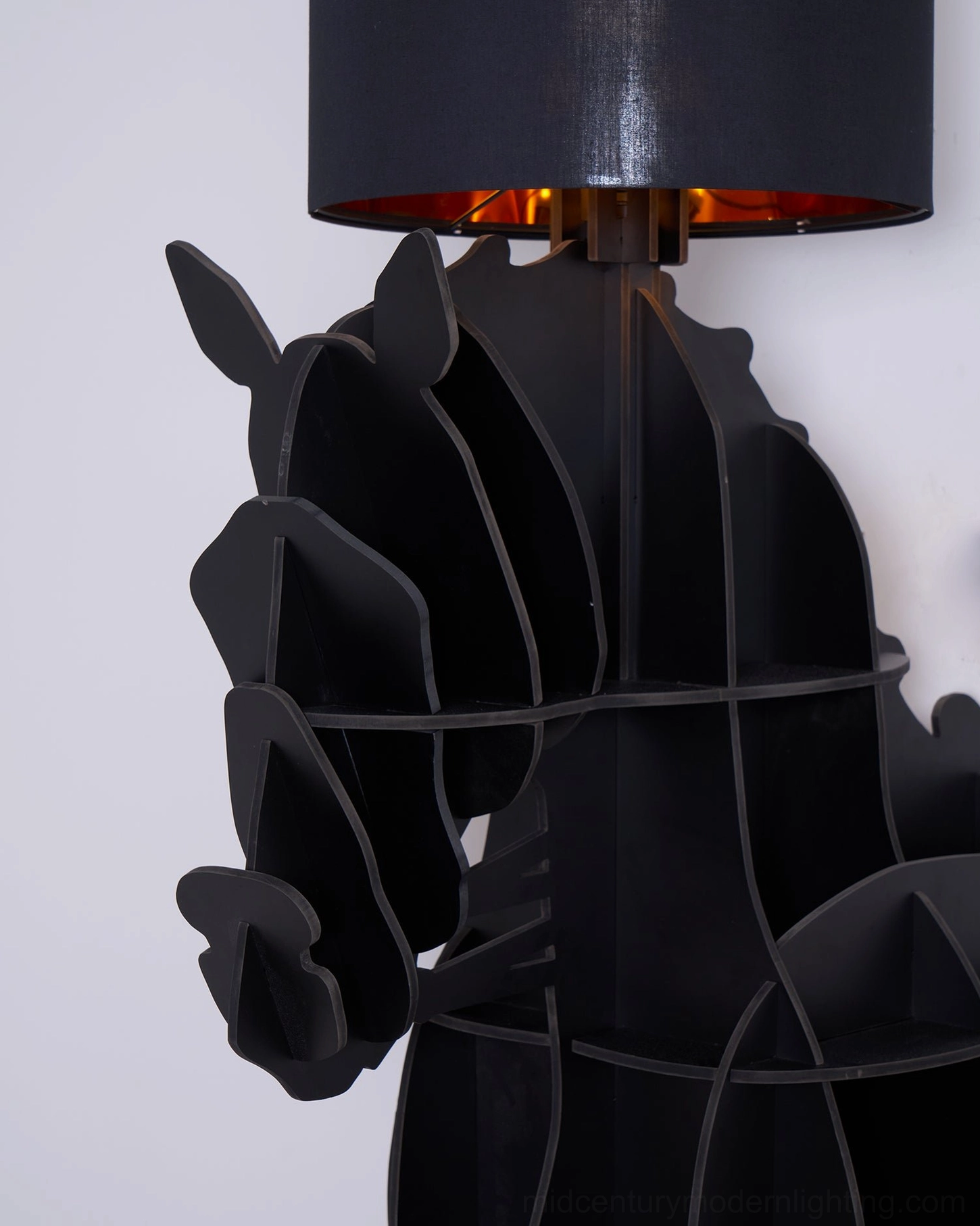 Horse floor lamp matte black finish with metal accents, studio product photography