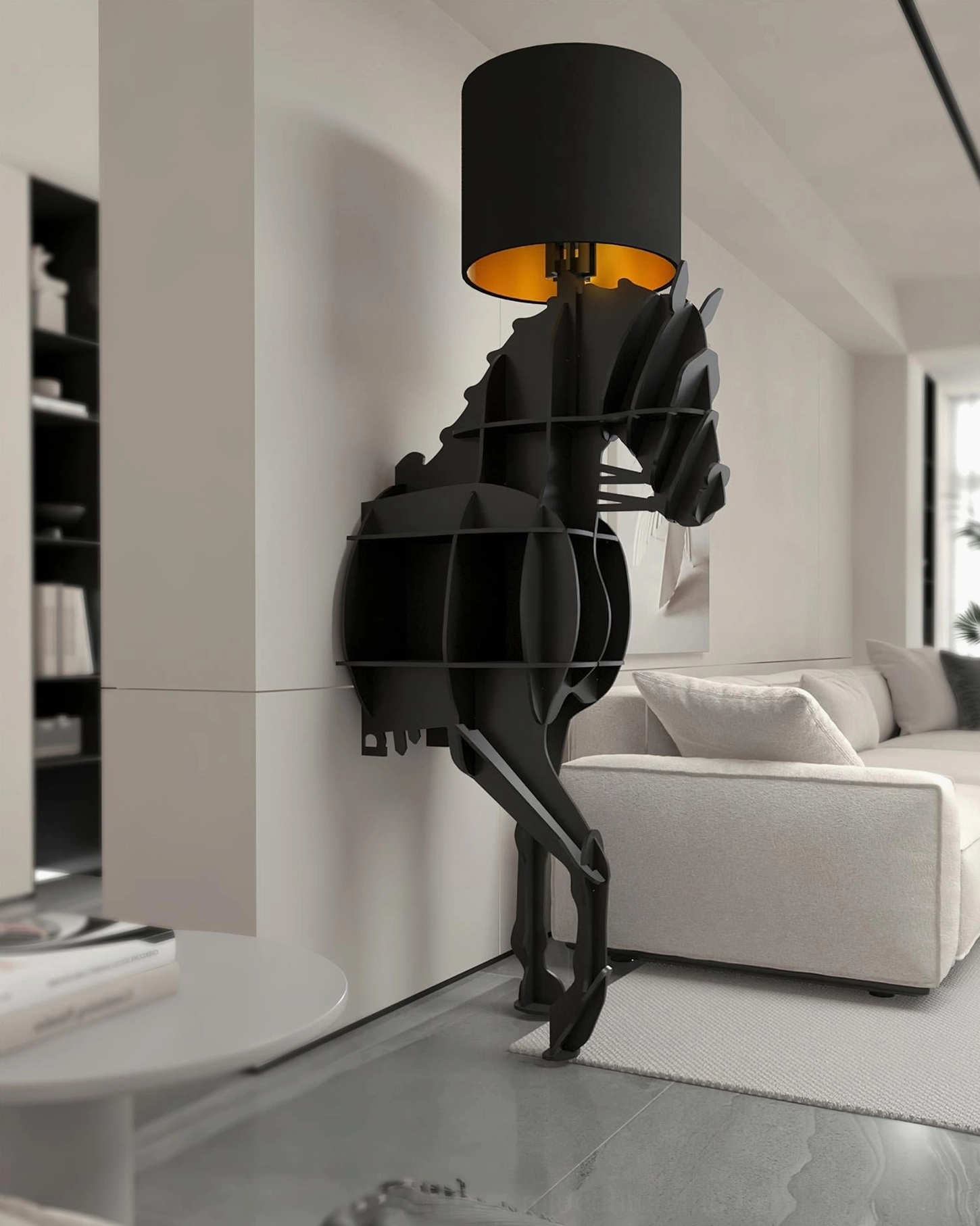 Sculptural horse floor lamp with storage shelf in bright contemporary living room, three-quarter view with monochrome décor