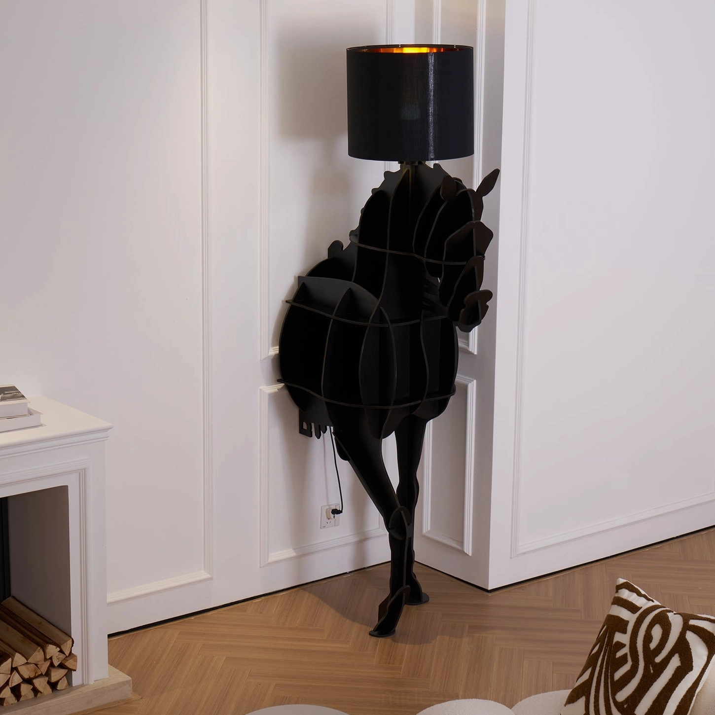 Modern sculptural horse floor lamp with fabric shade and storage shelf, complete product view