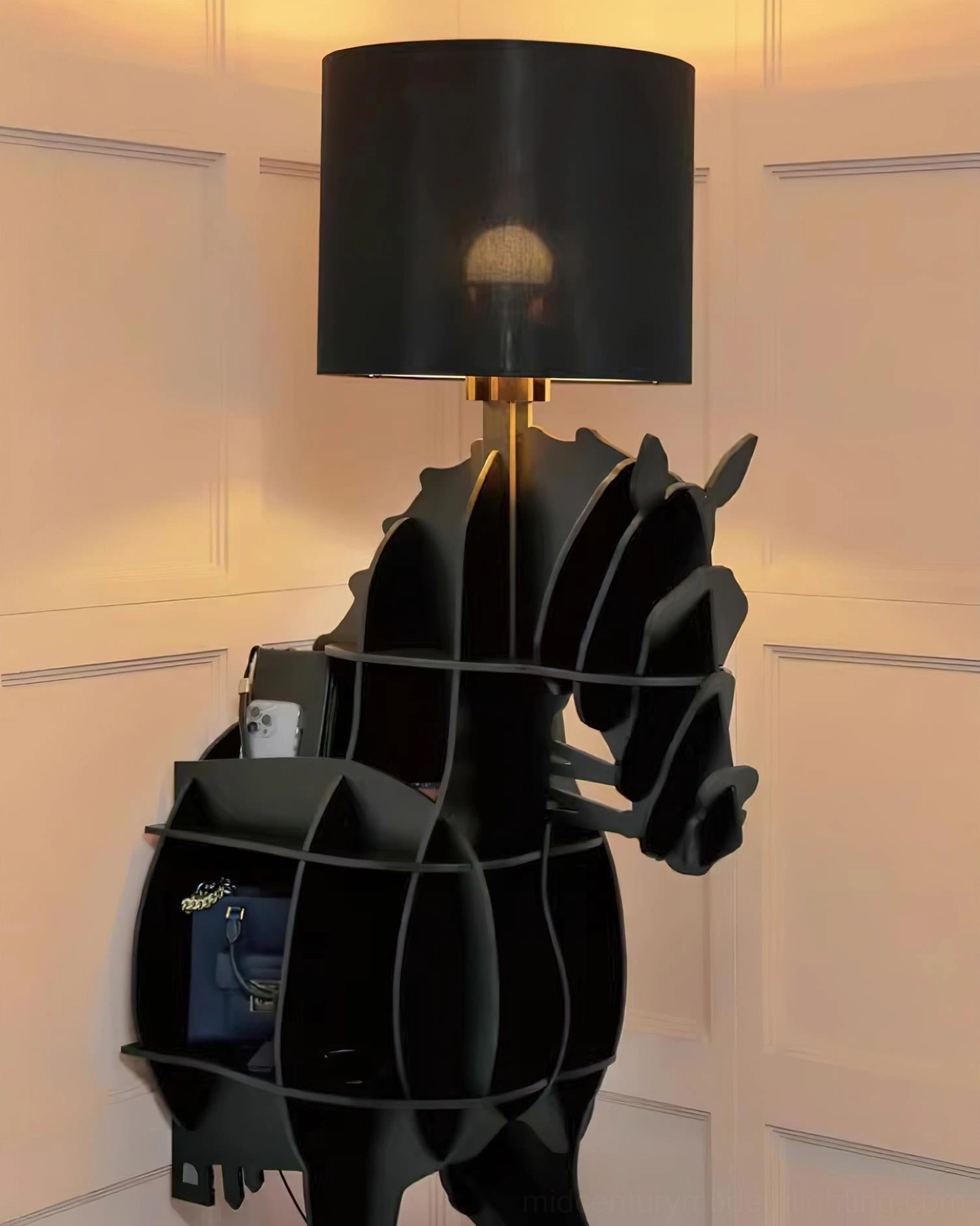 Sculptural horse floor lamp with fabric shade in contemporary setting, three-quarter view of artistic form
