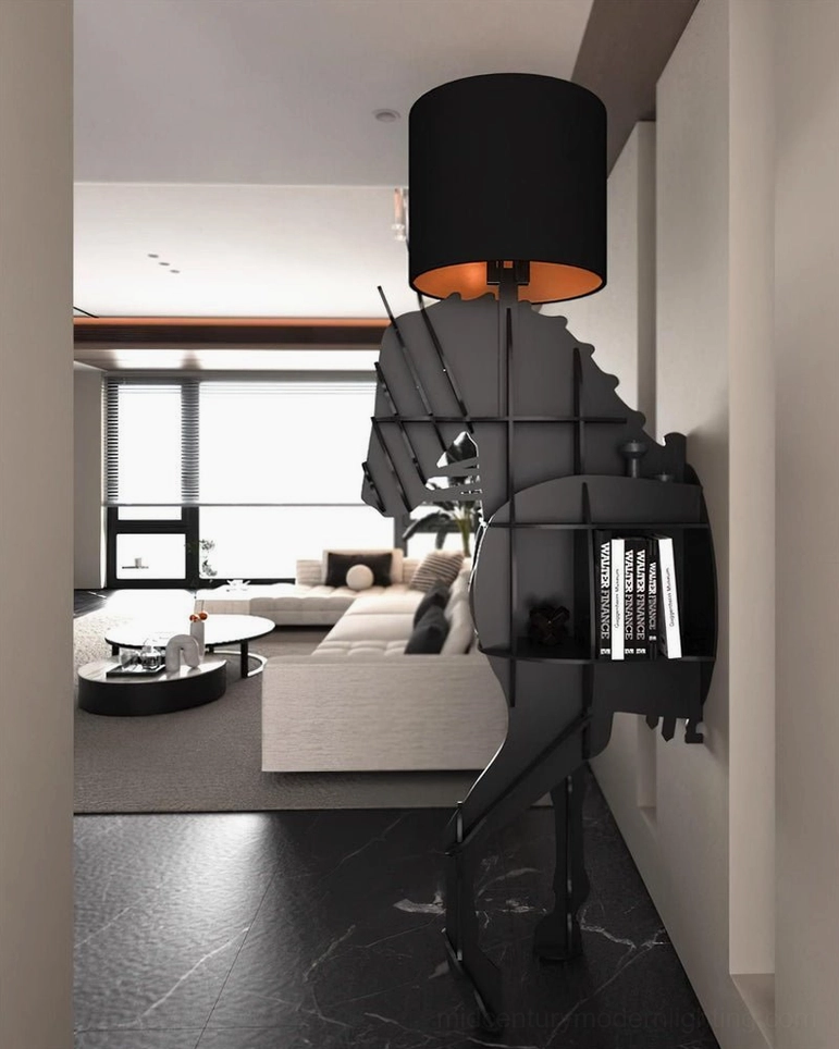 Horse floor lamp in contemporary home setting, three-quarter angle showing complete sculptural silhouette and shade