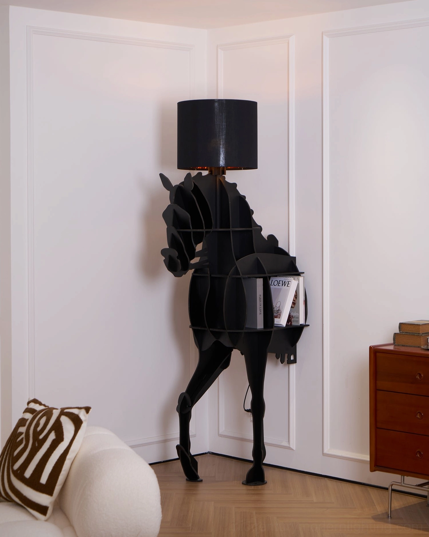 Horse floor lamp in contemporary interior, angled view displaying mid-century modern design aesthetic