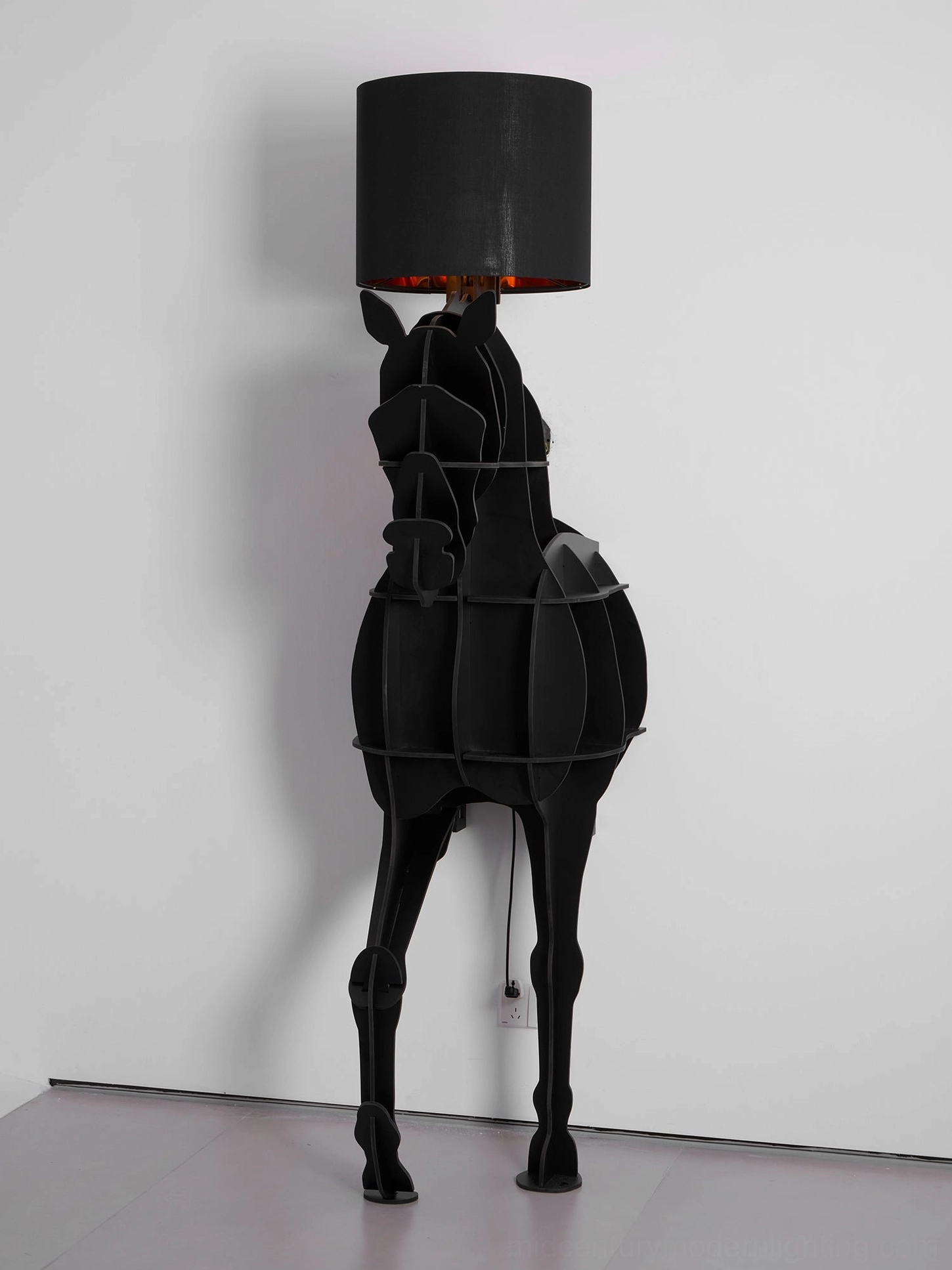 Sculptural horse floor lamp with fabric shade and metal accents, detailed product photography