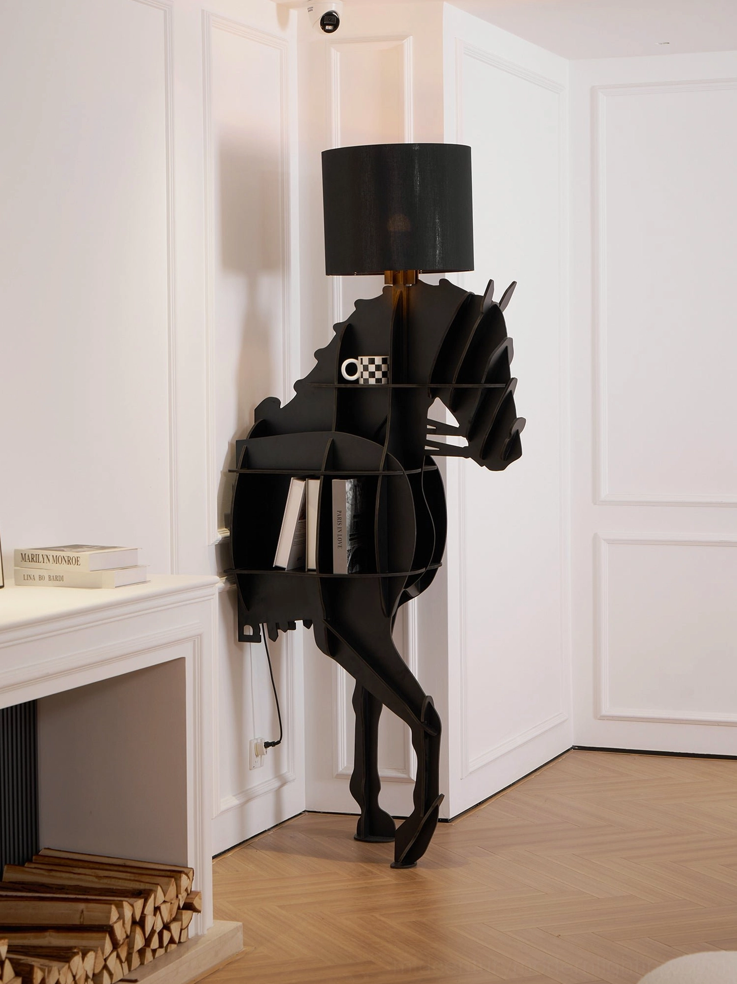Horse floor lamp with built-in storage space visible, three-quarter angle in fireplace side living room setting