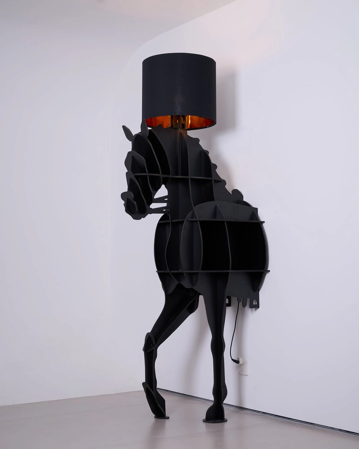 Sculptural horse floor lamp in modern living space, full-height profile showing complete design proportions