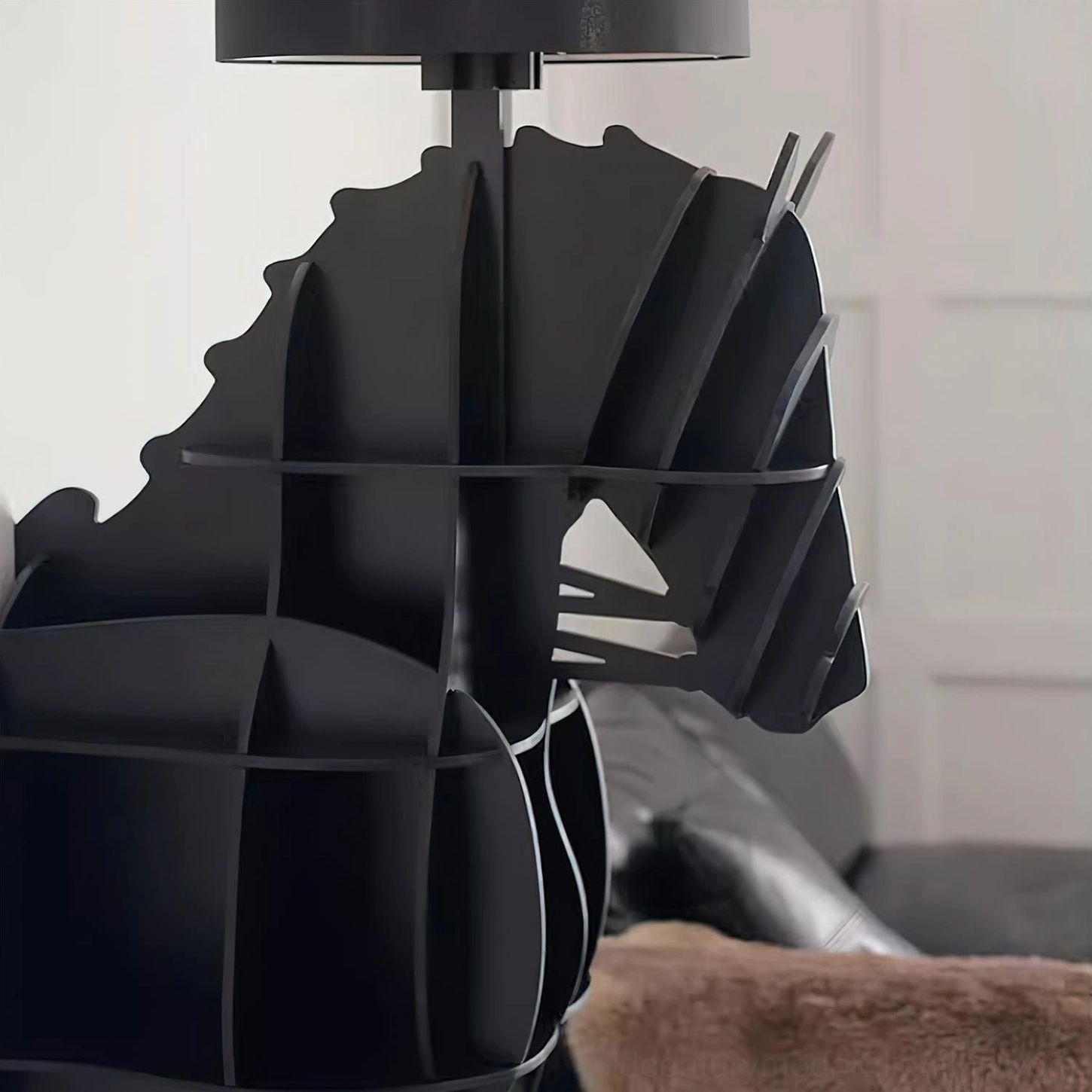 Sculptural horse floor lamp full-scale silhouette, side angle in contemporary home décor setting