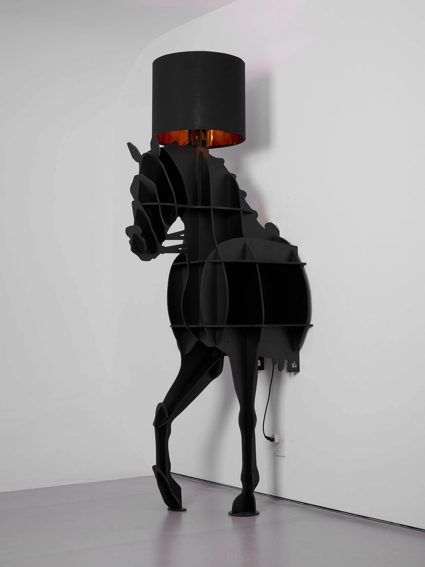 Horse floor lamp with matte black finish and built-in shelf, gallery-style presentation view
