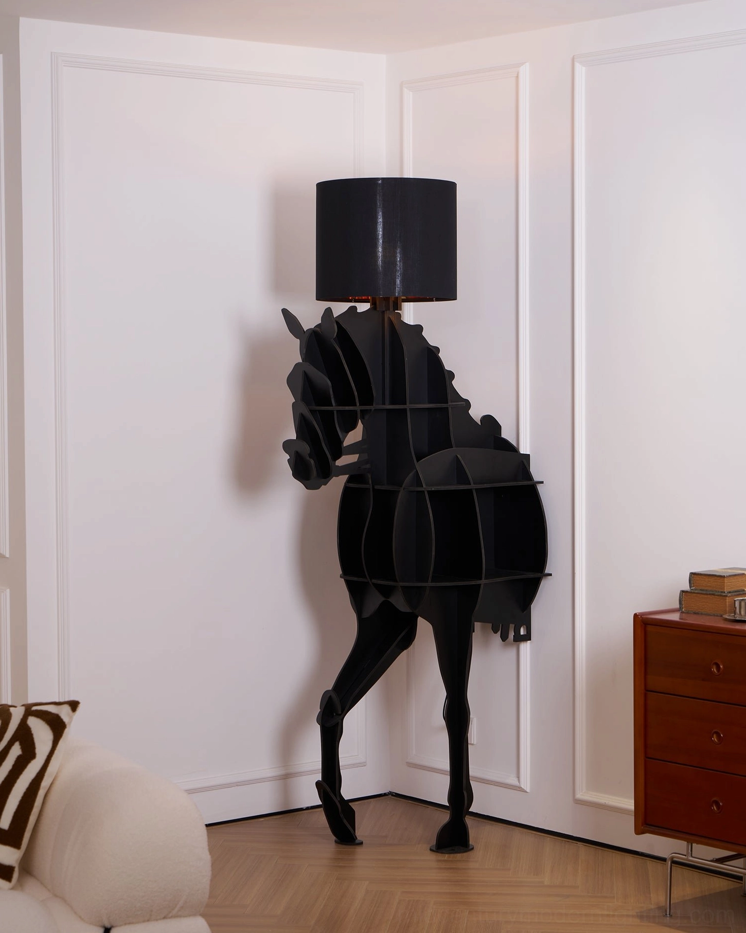 Sculptural horse floor lamp with integrated shelf, geometric form detail photography