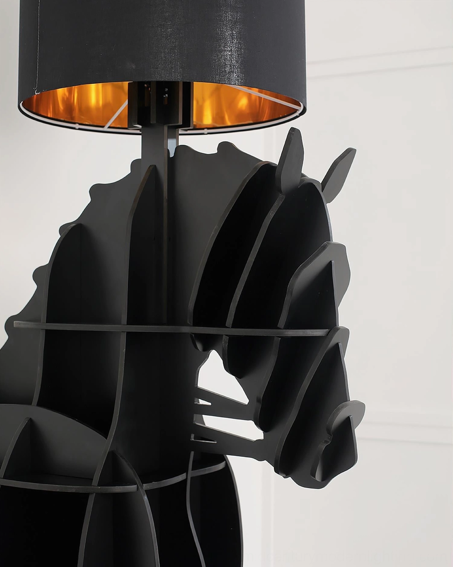Horse floor lamp with integrated shelf, side profile showing structural design and geometric proportions