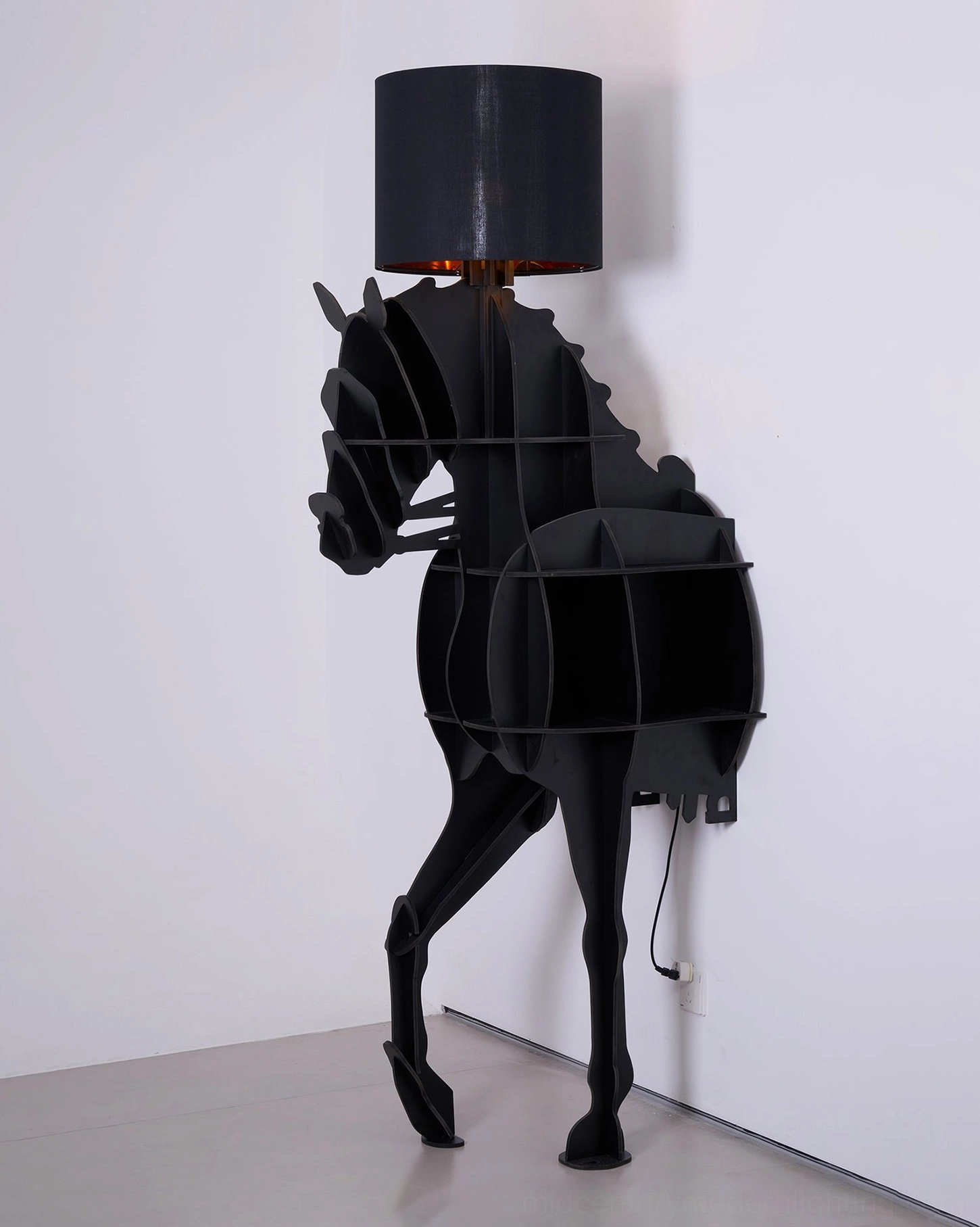 Modern sculptural horse floor lamp, side view in home setting showing integrated storage functionality