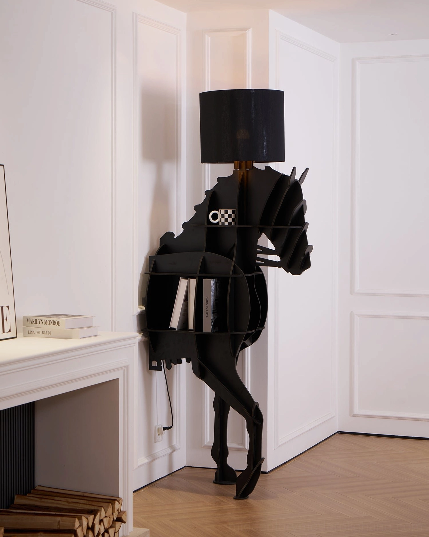Sculptural horse floor lamp in modern home interior, angled view displaying mid-century design aesthetic