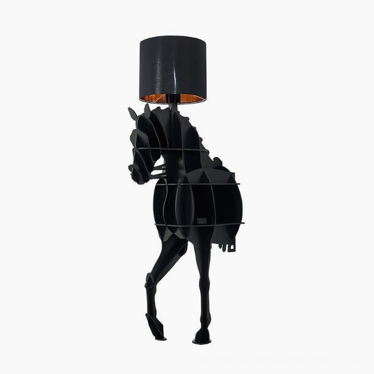 Sculptural horse floor lamp with built-in shelf, full silhouette in modern minimalist setting, available in multiple plug options
