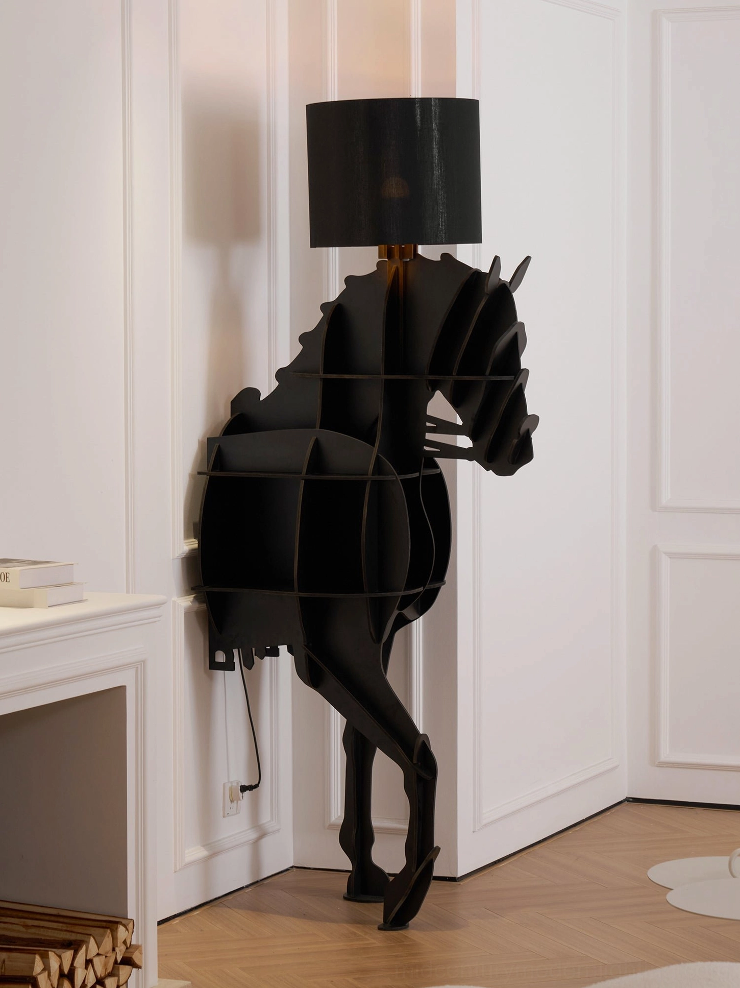 Sculptural horse floor lamp rear view showing matte black finish and power cord placement, side angle