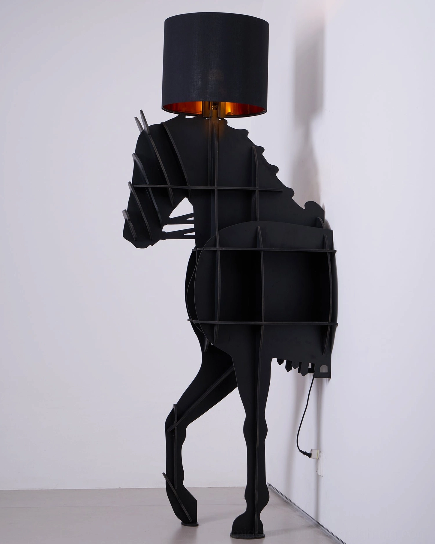 Sculptural horse floor lamp with fabric shade, detail view in minimalist modern interior