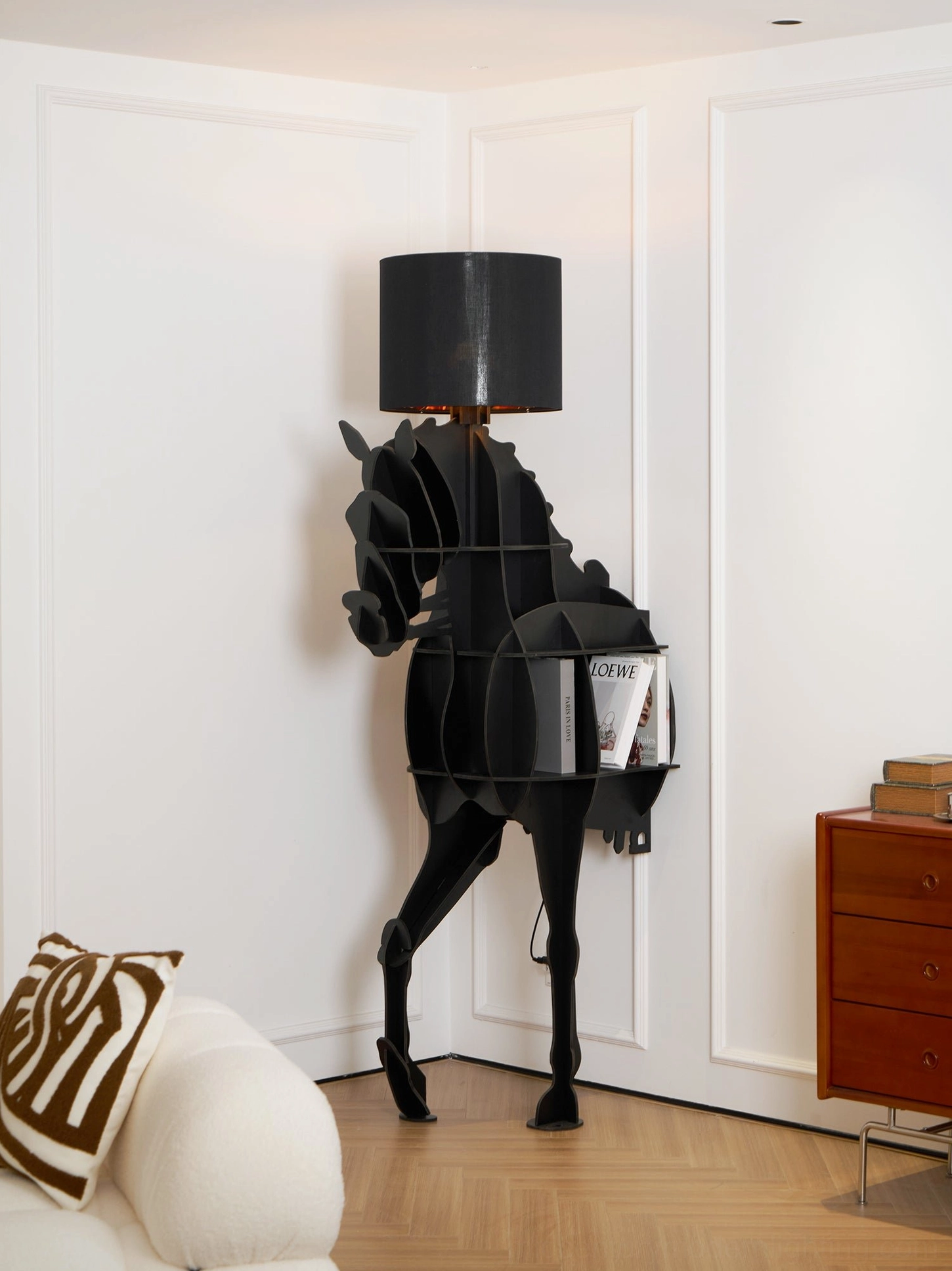 Horse floor lamp with integrated shelf design, detailed view of geometric form and storage functionality