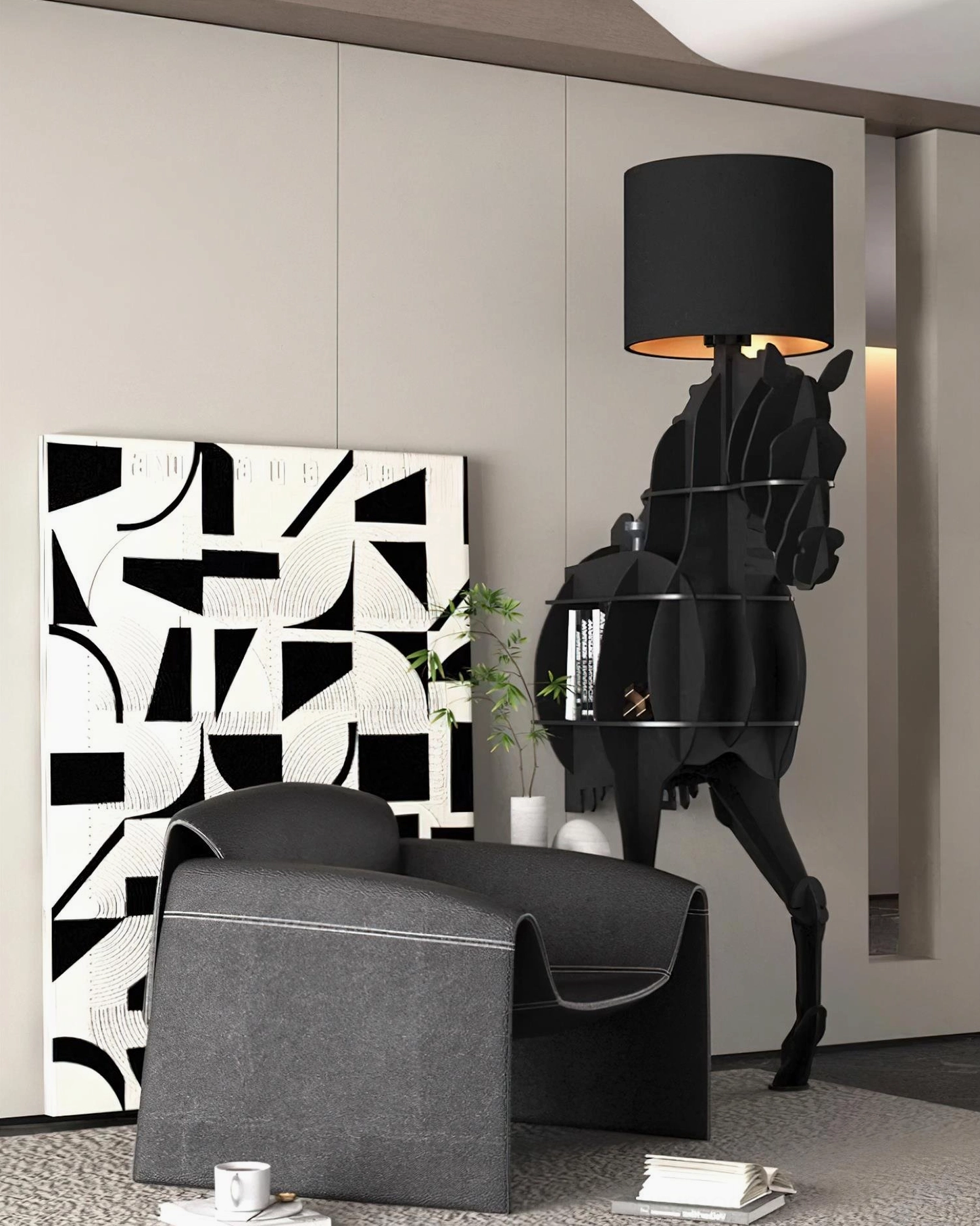 Modern horse floor lamp with storage shelf, side view in minimalist interior with clean lines and neutral tones