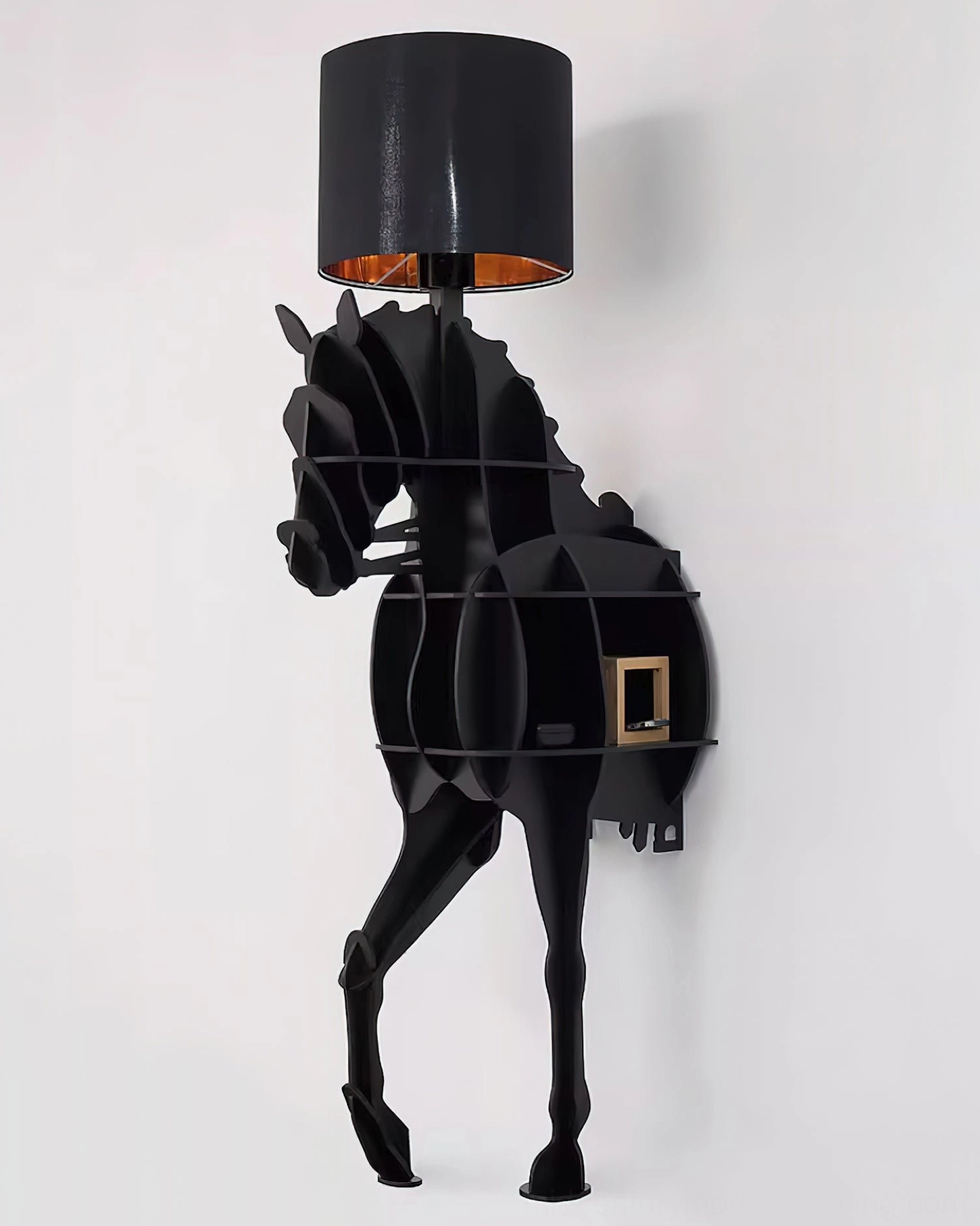 Modern horse floor lamp with storage shelf, interior room setting showing statement piece design