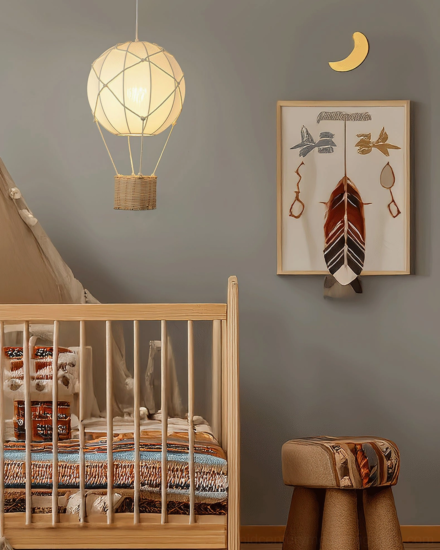 Hot air balloon fabric pendant hanging as statement piece in contemporary interior with minimalist styling
