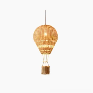Hot air balloon rattan pendant light with handwoven natural basket weave design on white background
