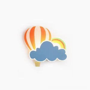 Hot air balloon wall lamp with cloud design in vibrant colors - front flat view perfect for kids bedrooms