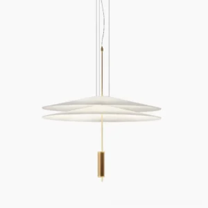 Hover Disc pendant chandelier with dual white translucent acrylic discs suspended on steel cables, gold metal hardware, isolated studio view