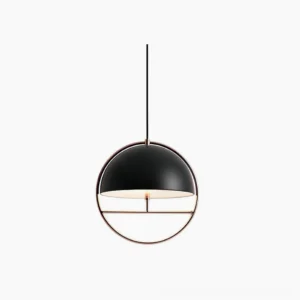 Huan modern spherical pendant lamp with black matte dome and rose gold metal frame on minimalist white background