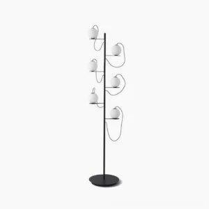 Hubble Bubble multi-globe floor lamp with frosted white acrylic spheres and matte black metal frame, frontal studio view on white background
