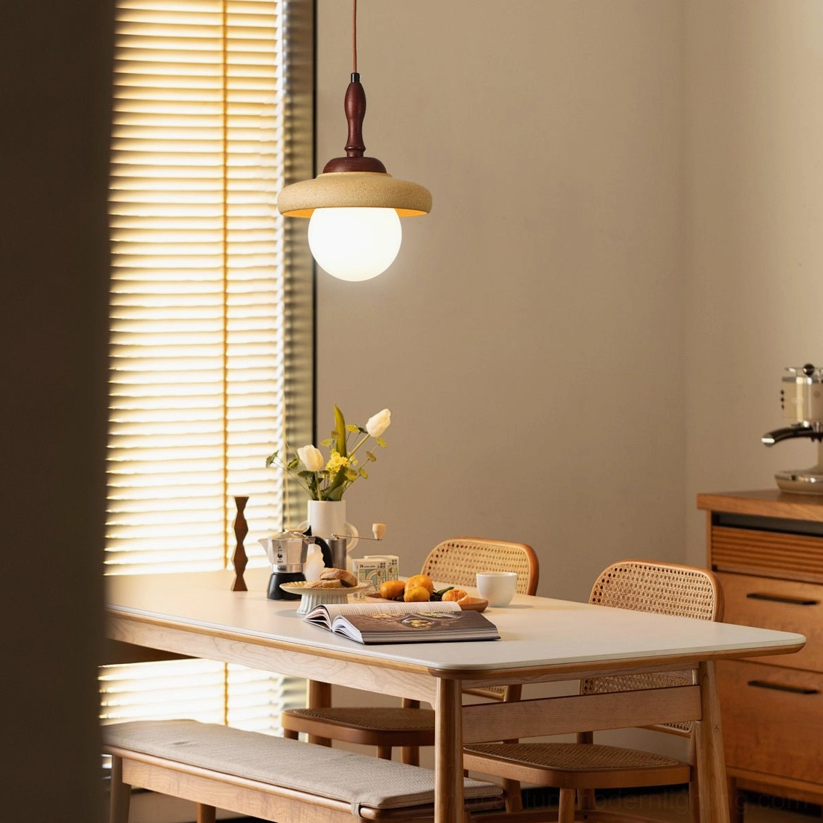 Mid-century Humboldt pendant light above dining room table, Scandinavian interior styling
