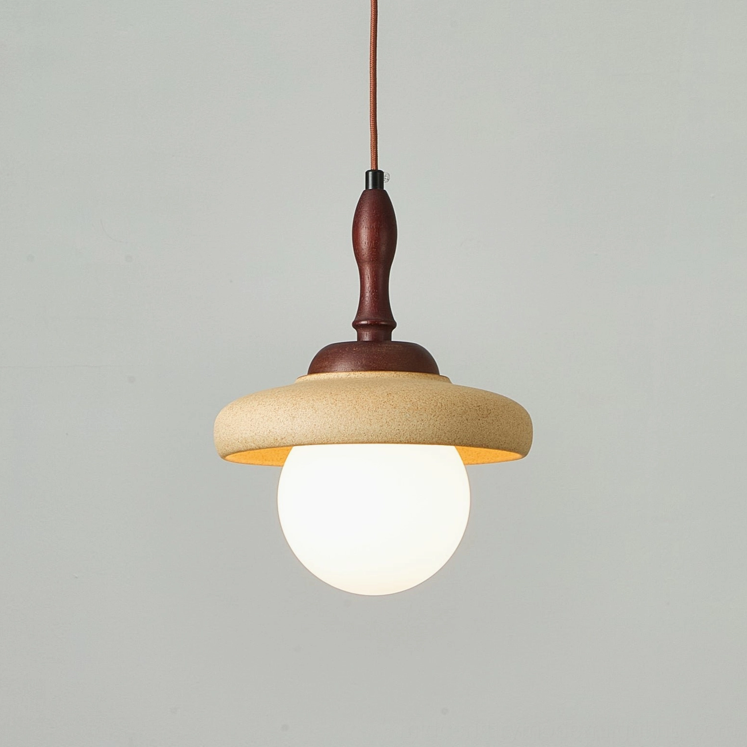 Humboldt pendant light complete structure detail, ceramic ring and frosted glass globe