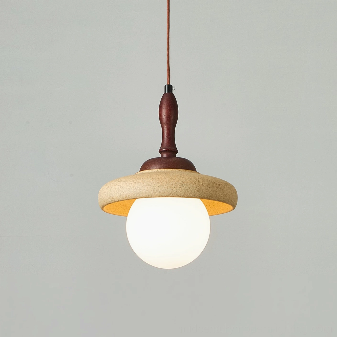 Humboldt classic vintage pendant lamp, direct frontal close-up of turned wood and glass
