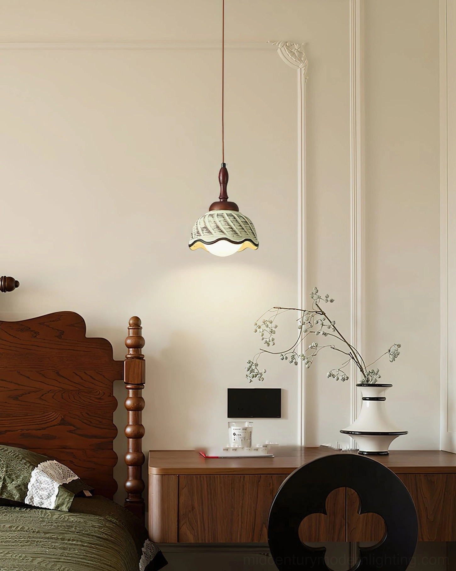 Humboldt pendant light with textured fabric shade in vintage bedroom, alternative design