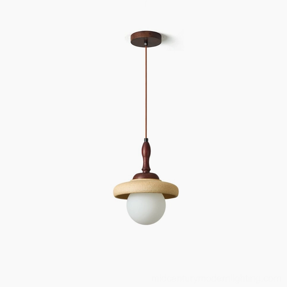 Humboldt mid-century modern walnut wood pendant light with frosted glass globe, front studio view