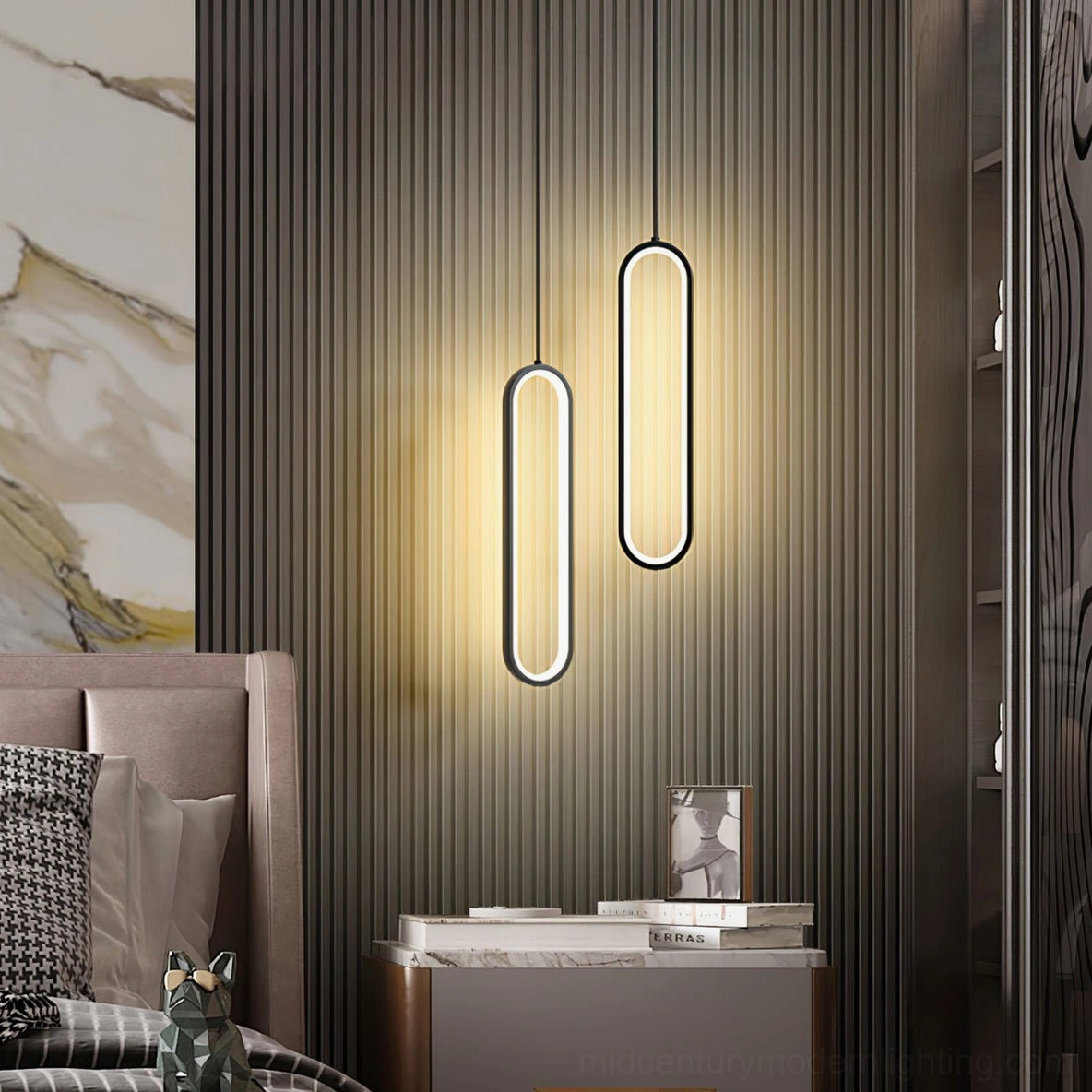 Huron double head oval pendant lights master bedroom marble accent wall striped bedding luxury setup
