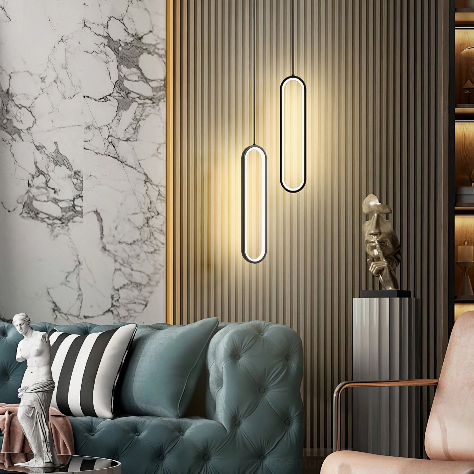 Huron double oval pendant lights modern tufted sofa living room decorative sculpture striped pillows