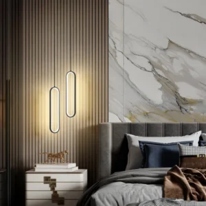 Huron double head oval pendant lights modern luxury bedroom with slatted wood accent wall warm lighting