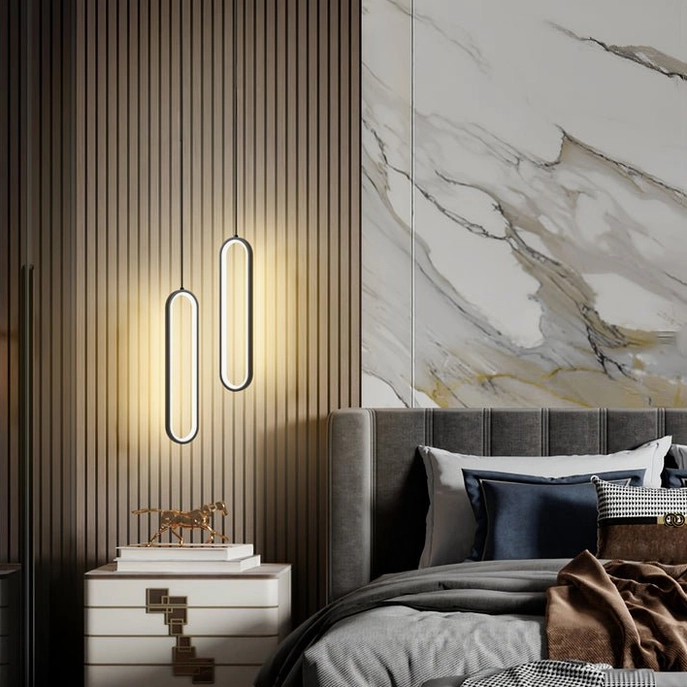 Huron double head oval pendant lights modern luxury bedroom with slatted wood accent wall warm lighting