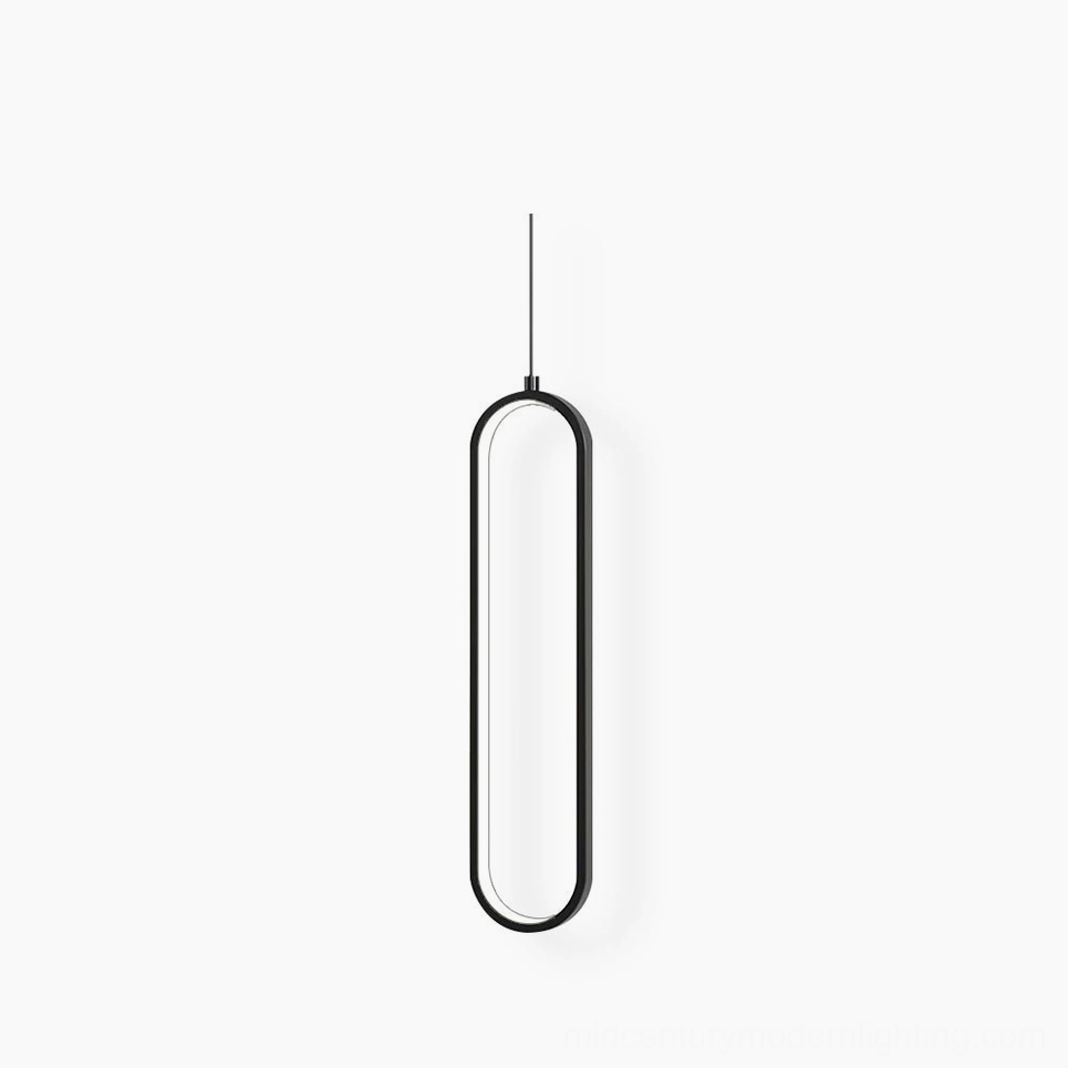 Huron oval pendant light single head minimalist black metal frame with glowing acrylic interior studio front view