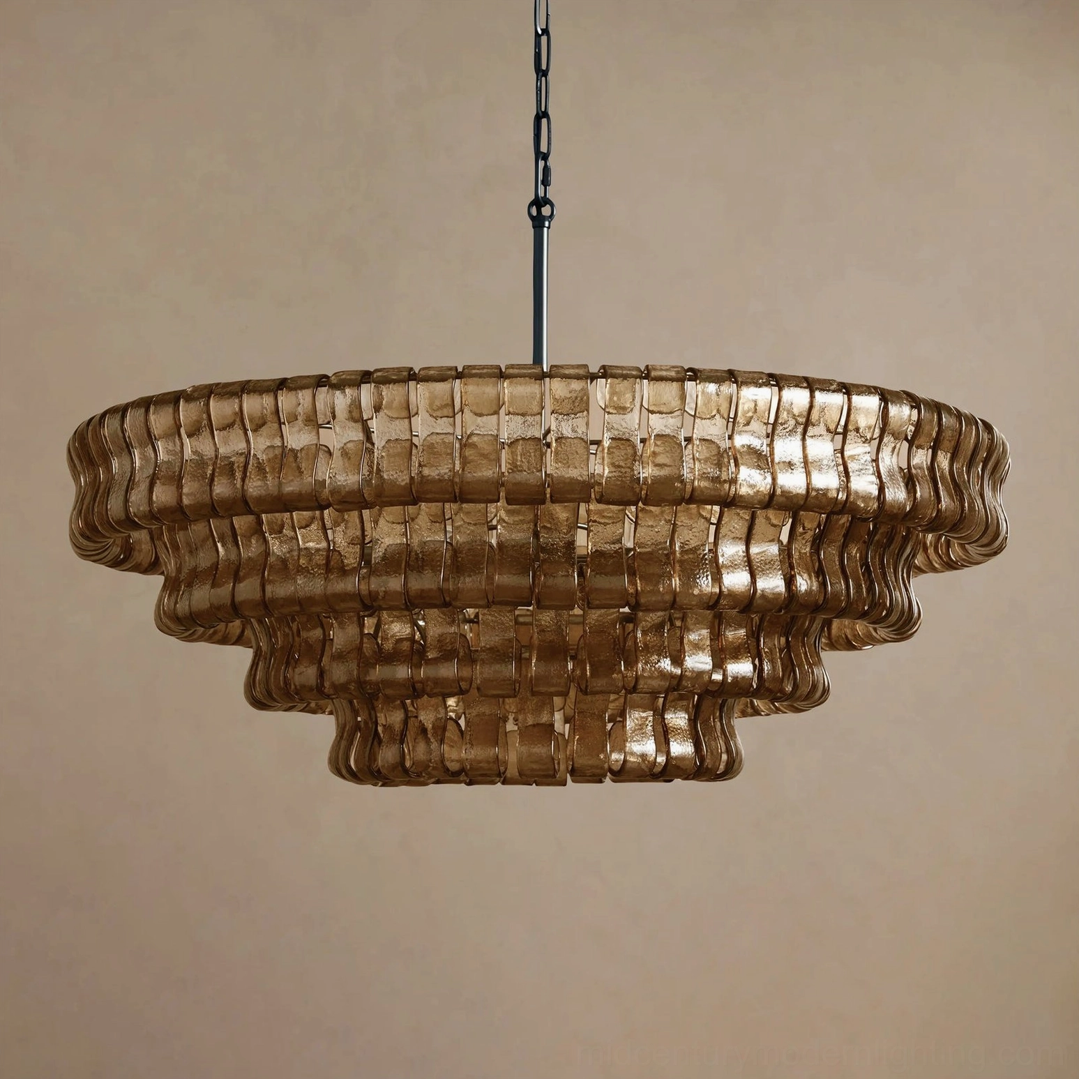 Ice-textured tiered round chandelier, artisanal glass composition reflecting light across multiple textured surfaces