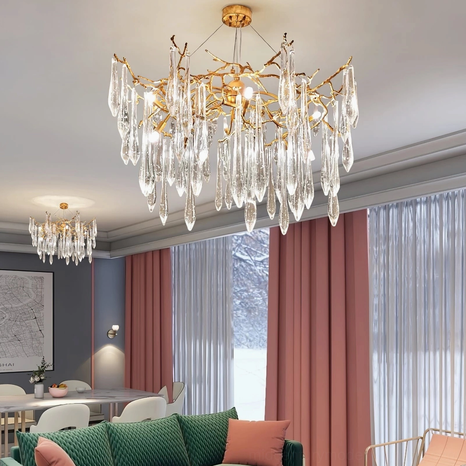 Icicle crystal chandelier installation ceiling-mounted luxury residential entryway foyer