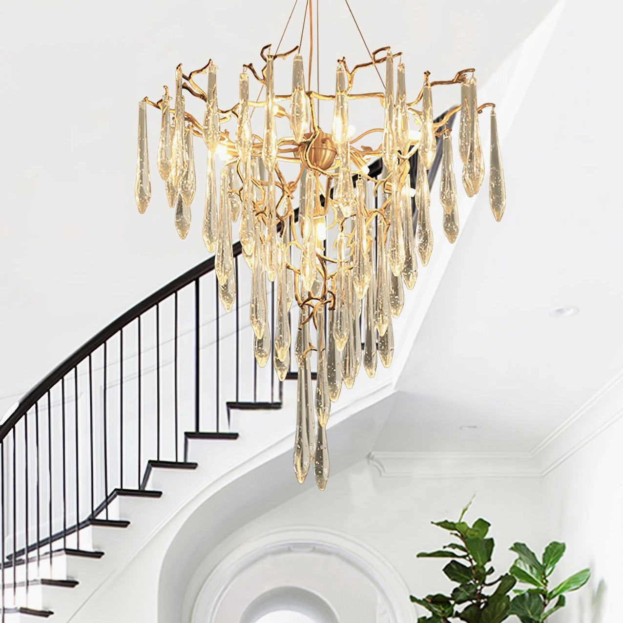 Icicle crystal chandelier contemporary minimalist space focal point interest architectural statement