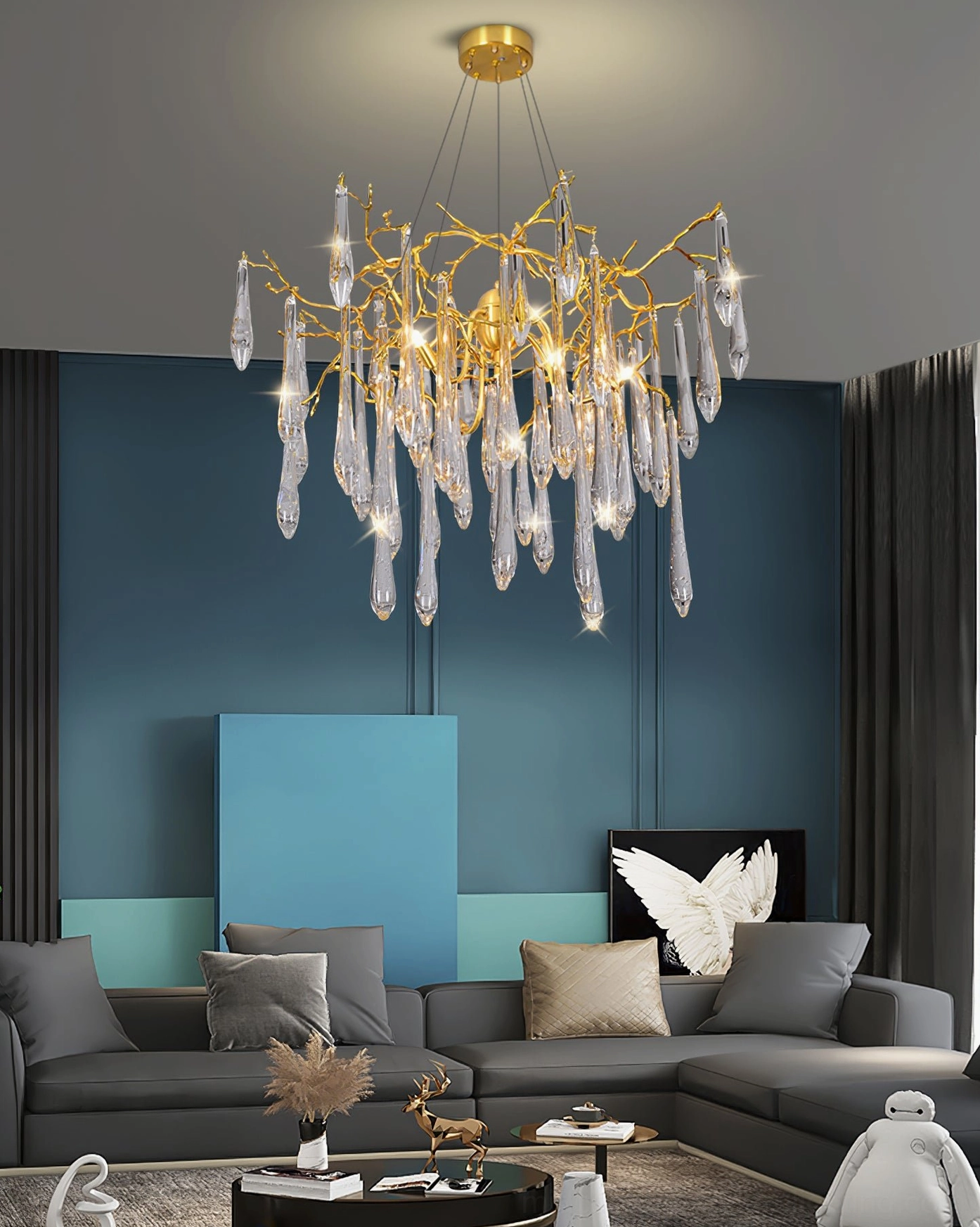 Icicle crystal pendant lamp minimalist interior white walls natural wood furniture styling