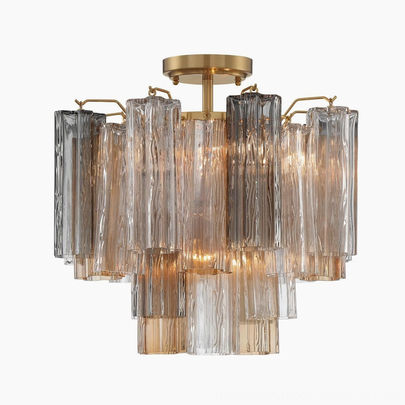 Lit Murano chandelier with gradient smoke brown glass, hand-blown tubular design with warm amber light emission