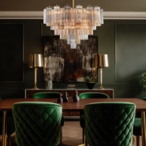 Amber Murano glass tubular chandelier illuminated in luxury dining room with green walls and traditional decor