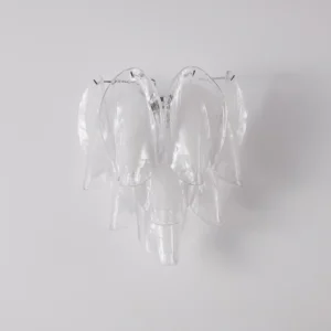 Ina sculptural wall light unlit displaying clear and frosted white glass petals with polished chrome frame