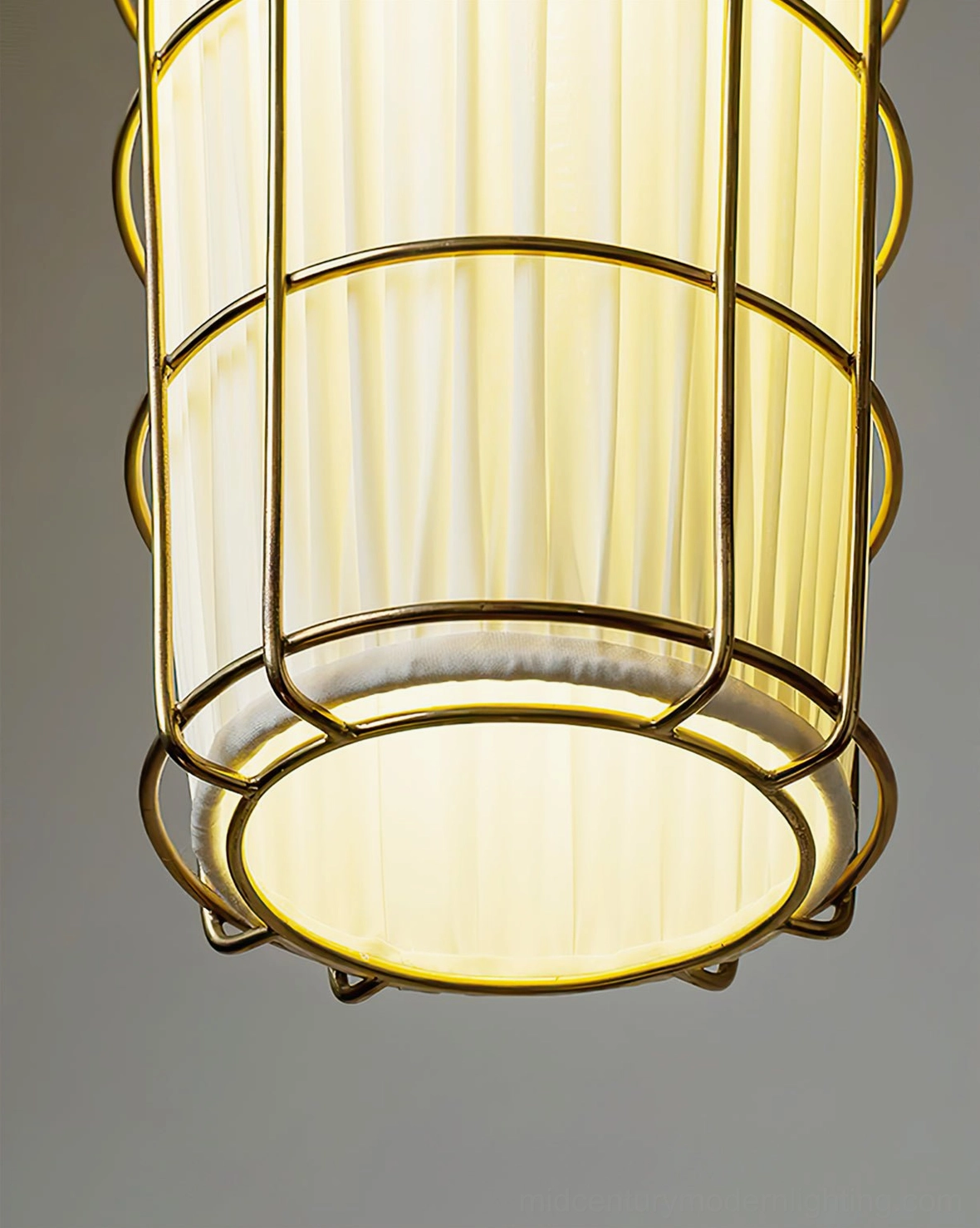 Caged pendant chandelier detail shot showcasing industrial metal cage construction and craftsmanship